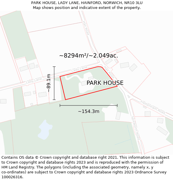 PARK HOUSE, LADY LANE, HAINFORD, NORWICH, NR10 3LU: Plot and title map