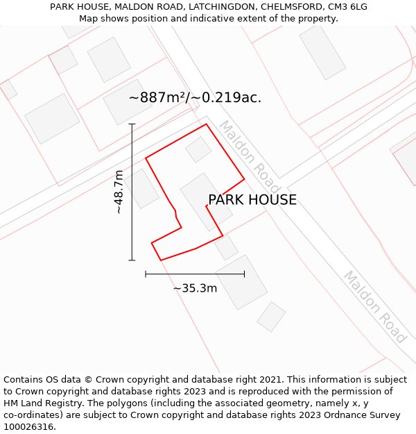 PARK HOUSE, MALDON ROAD, LATCHINGDON, CHELMSFORD, CM3 6LG: Plot and title map