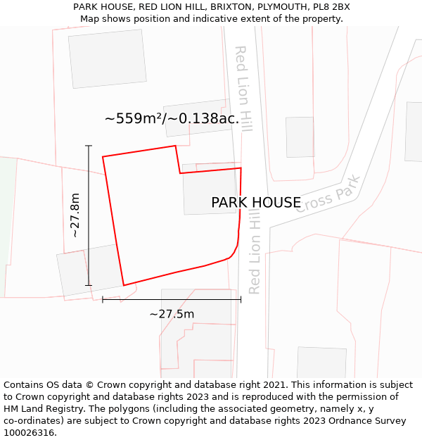 PARK HOUSE, RED LION HILL, BRIXTON, PLYMOUTH, PL8 2BX: Plot and title map