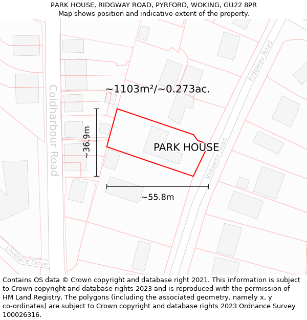 PARK HOUSE, RIDGWAY ROAD, PYRFORD, WOKING, GU22 8PR: Plot and title map
