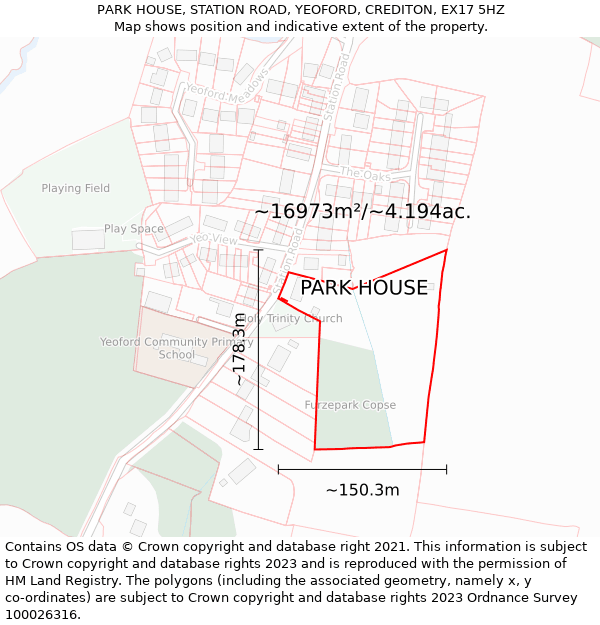 PARK HOUSE, STATION ROAD, YEOFORD, CREDITON, EX17 5HZ: Plot and title map