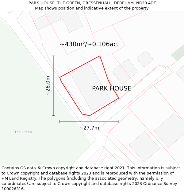 PARK HOUSE, THE GREEN, GRESSENHALL, DEREHAM, NR20 4DT: Plot and title map