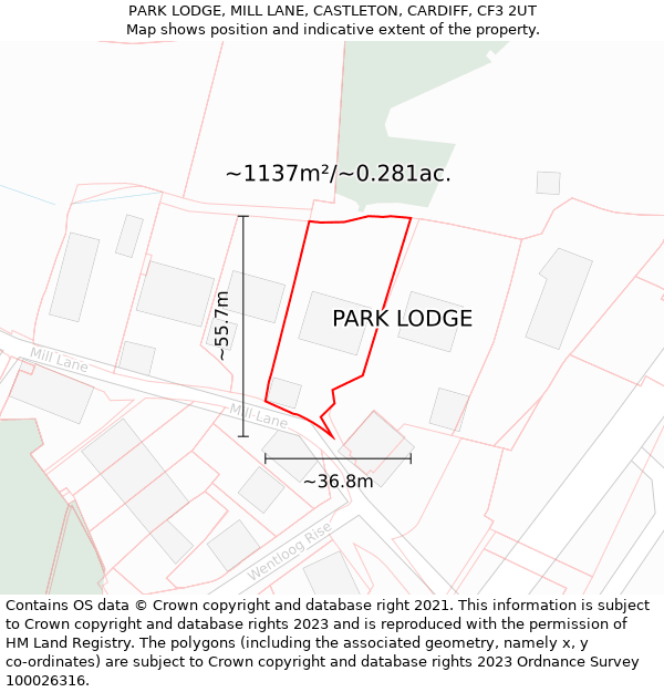 PARK LODGE, MILL LANE, CASTLETON, CARDIFF, CF3 2UT: Plot and title map