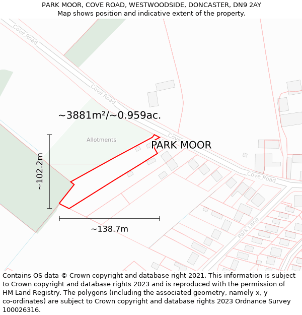 PARK MOOR, COVE ROAD, WESTWOODSIDE, DONCASTER, DN9 2AY: Plot and title map