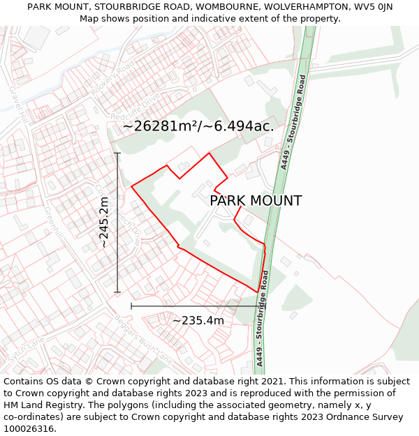 PARK MOUNT, STOURBRIDGE ROAD, WOMBOURNE, WOLVERHAMPTON, WV5 0JN: Plot and title map