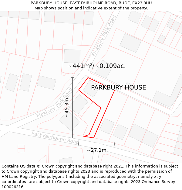 PARKBURY HOUSE, EAST FAIRHOLME ROAD, BUDE, EX23 8HU: Plot and title map