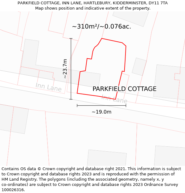 PARKFIELD COTTAGE, INN LANE, HARTLEBURY, KIDDERMINSTER, DY11 7TA: Plot and title map