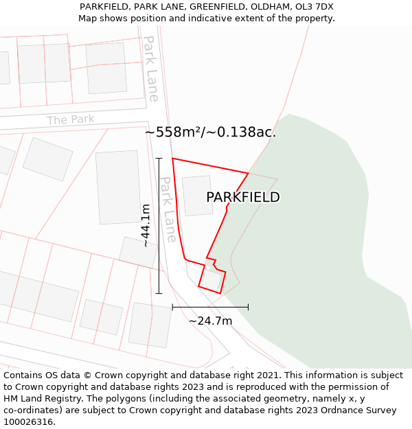 PARKFIELD, PARK LANE, GREENFIELD, OLDHAM, OL3 7DX: Plot and title map