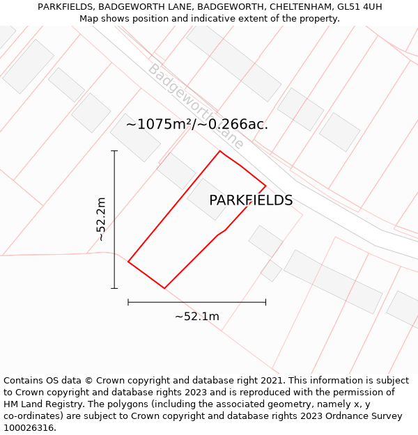 PARKFIELDS, BADGEWORTH LANE, BADGEWORTH, CHELTENHAM, GL51 4UH: Plot and title map