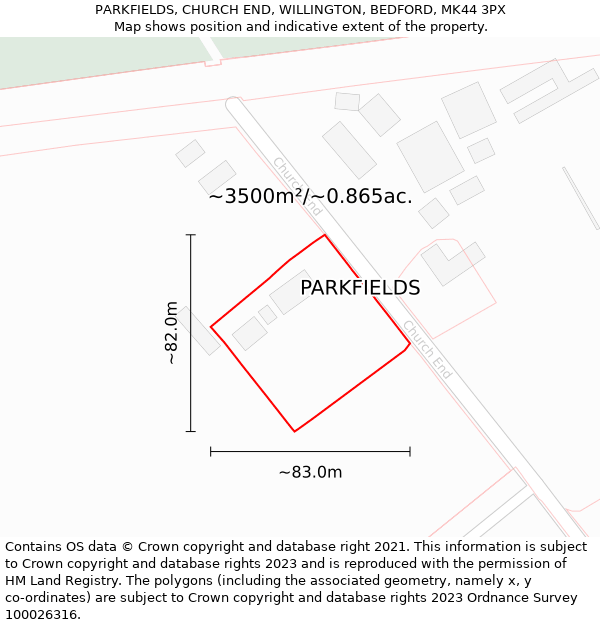 PARKFIELDS, CHURCH END, WILLINGTON, BEDFORD, MK44 3PX: Plot and title map