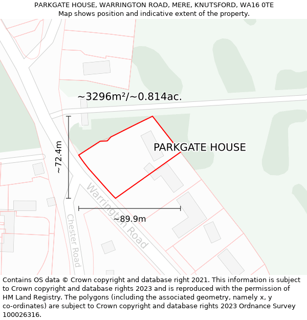 PARKGATE HOUSE, WARRINGTON ROAD, MERE, KNUTSFORD, WA16 0TE: Plot and title map