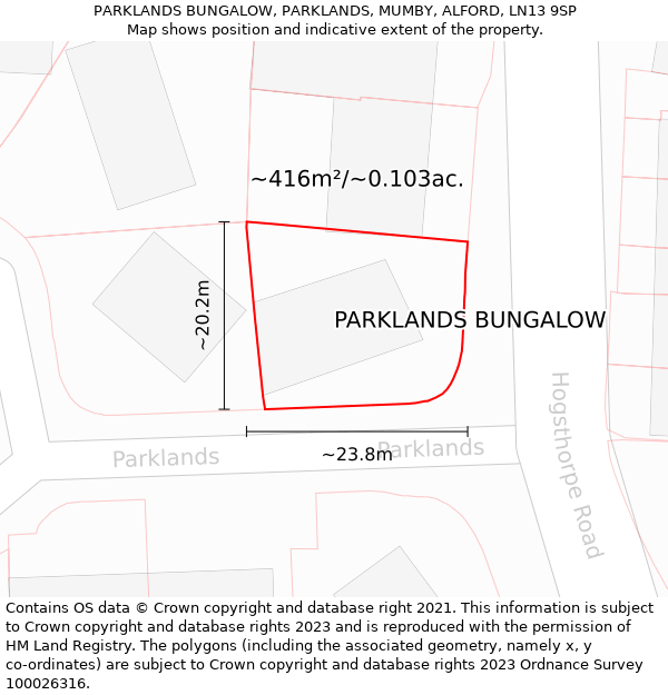 PARKLANDS BUNGALOW, PARKLANDS, MUMBY, ALFORD, LN13 9SP: Plot and title map