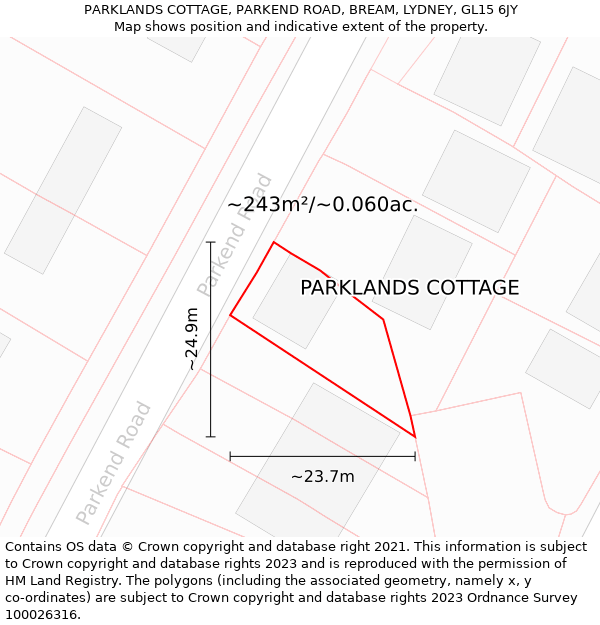 PARKLANDS COTTAGE, PARKEND ROAD, BREAM, LYDNEY, GL15 6JY: Plot and title map