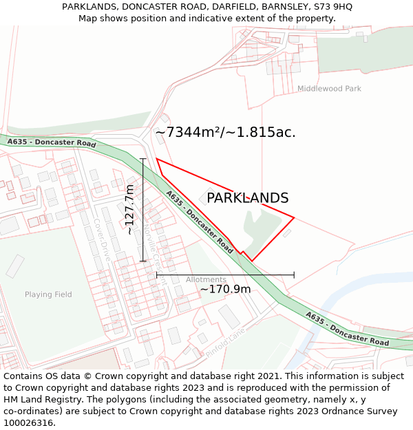 PARKLANDS, DONCASTER ROAD, DARFIELD, BARNSLEY, S73 9HQ: Plot and title map