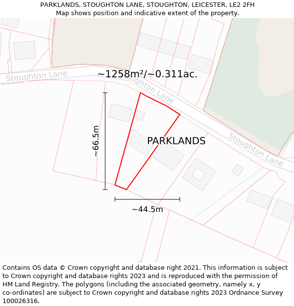 PARKLANDS, STOUGHTON LANE, STOUGHTON, LEICESTER, LE2 2FH: Plot and title map