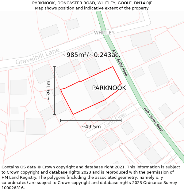 PARKNOOK, DONCASTER ROAD, WHITLEY, GOOLE, DN14 0JF: Plot and title map