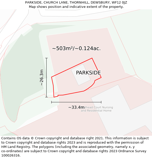 PARKSIDE, CHURCH LANE, THORNHILL, DEWSBURY, WF12 0JZ: Plot and title map