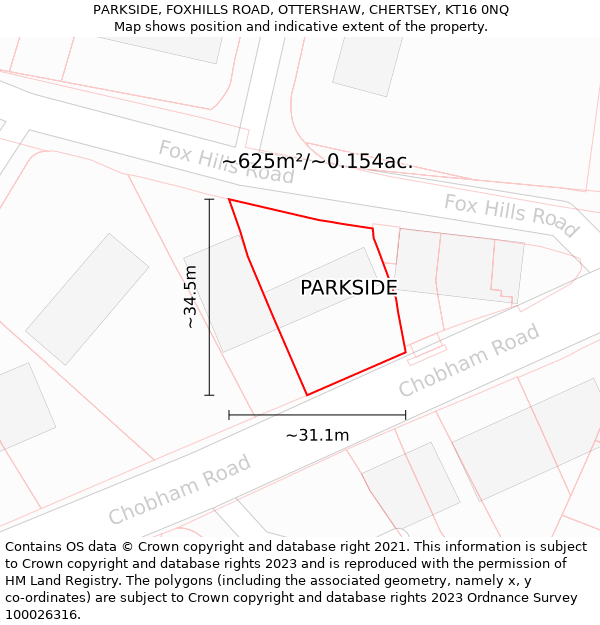 PARKSIDE, FOXHILLS ROAD, OTTERSHAW, CHERTSEY, KT16 0NQ: Plot and title map