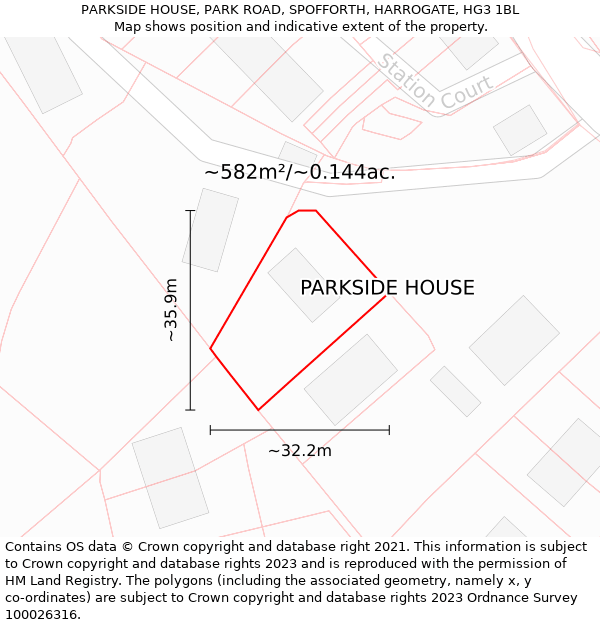 PARKSIDE HOUSE, PARK ROAD, SPOFFORTH, HARROGATE, HG3 1BL: Plot and title map