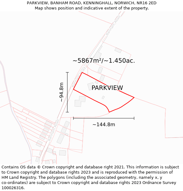 PARKVIEW, BANHAM ROAD, KENNINGHALL, NORWICH, NR16 2ED: Plot and title map
