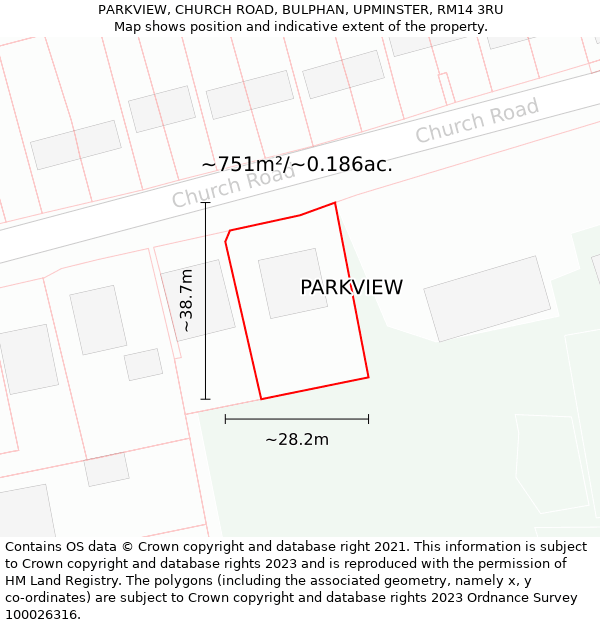 PARKVIEW, CHURCH ROAD, BULPHAN, UPMINSTER, RM14 3RU: Plot and title map