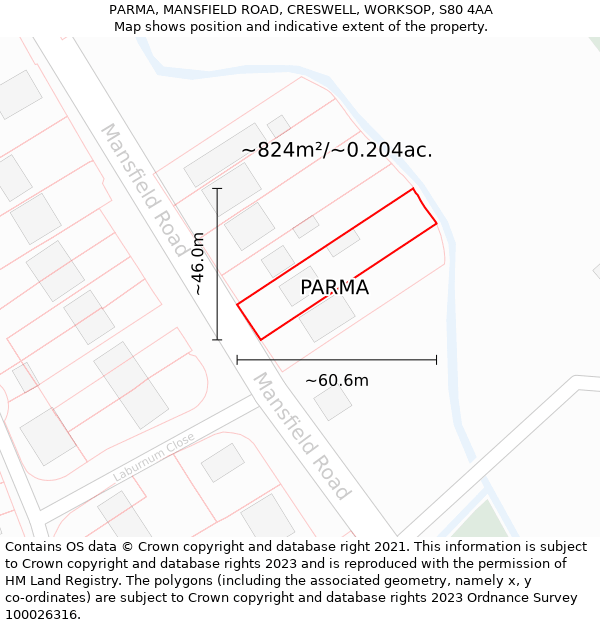 PARMA, MANSFIELD ROAD, CRESWELL, WORKSOP, S80 4AA: Plot and title map