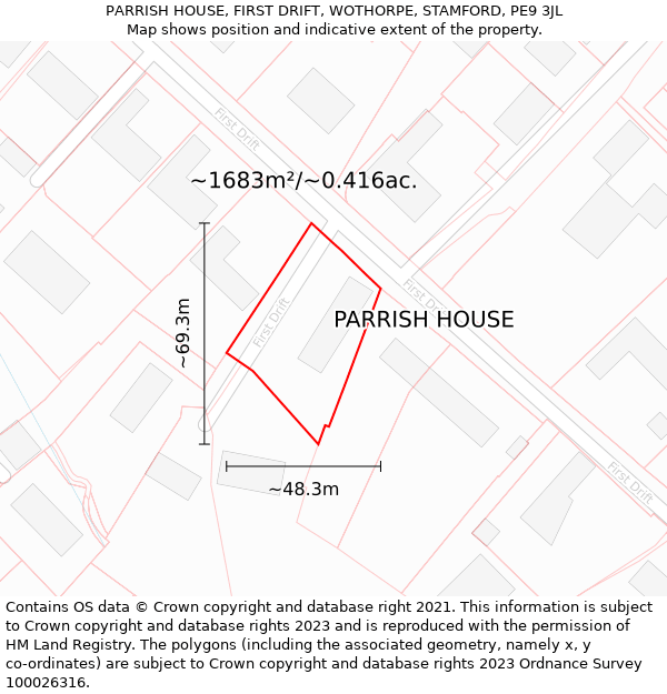 PARRISH HOUSE, FIRST DRIFT, WOTHORPE, STAMFORD, PE9 3JL: Plot and title map