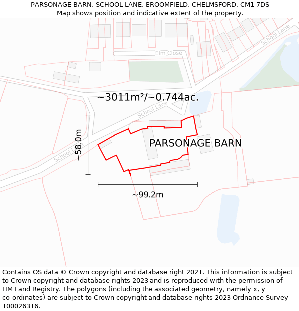 PARSONAGE BARN, SCHOOL LANE, BROOMFIELD, CHELMSFORD, CM1 7DS: Plot and title map