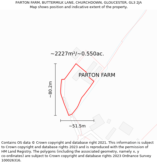 PARTON FARM, BUTTERMILK LANE, CHURCHDOWN, GLOUCESTER, GL3 2JA: Plot and title map