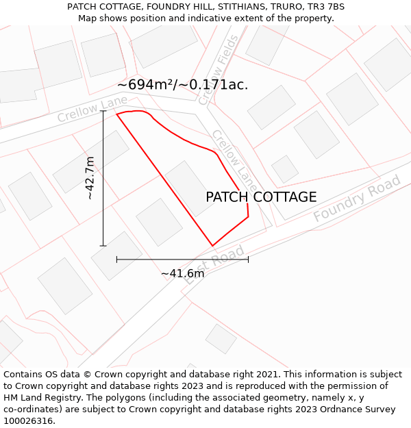 PATCH COTTAGE, FOUNDRY HILL, STITHIANS, TRURO, TR3 7BS: Plot and title map