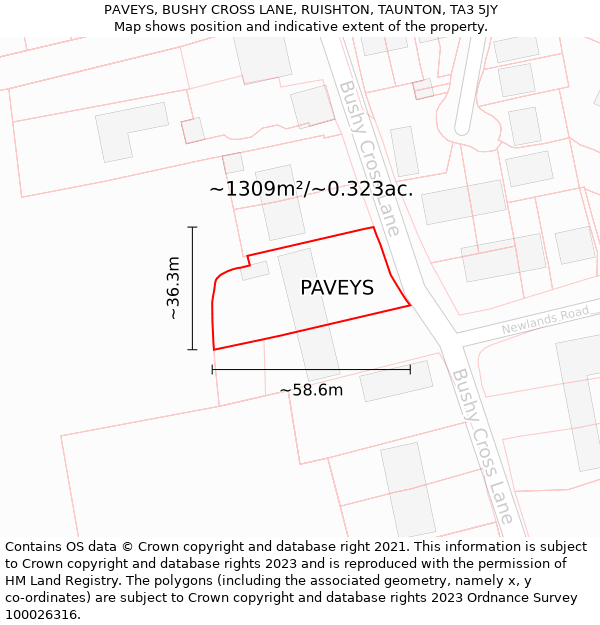 PAVEYS, BUSHY CROSS LANE, RUISHTON, TAUNTON, TA3 5JY: Plot and title map