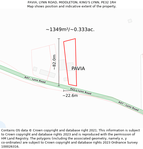 PAVIA, LYNN ROAD, MIDDLETON, KING'S LYNN, PE32 1RH: Plot and title map