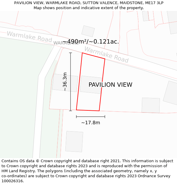 PAVILION VIEW, WARMLAKE ROAD, SUTTON VALENCE, MAIDSTONE, ME17 3LP: Plot and title map