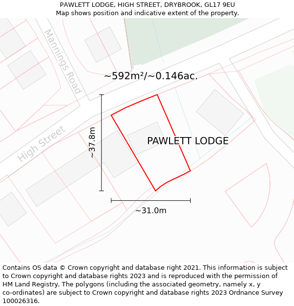 PAWLETT LODGE, HIGH STREET, DRYBROOK, GL17 9EU: Plot and title map