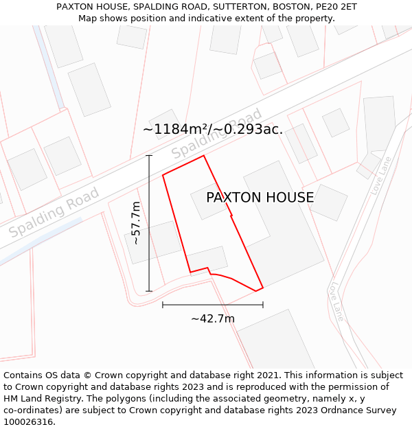 PAXTON HOUSE, SPALDING ROAD, SUTTERTON, BOSTON, PE20 2ET: Plot and title map