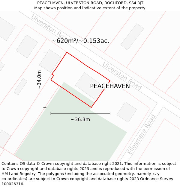 PEACEHAVEN, ULVERSTON ROAD, ROCHFORD, SS4 3JT: Plot and title map