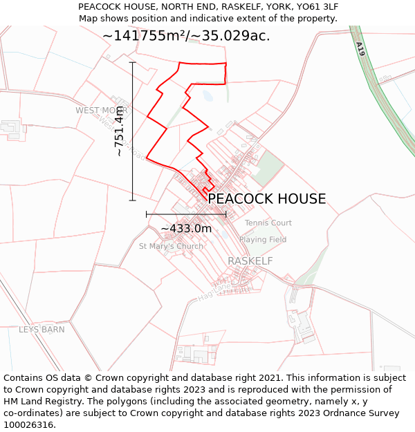 PEACOCK HOUSE, NORTH END, RASKELF, YORK, YO61 3LF: Plot and title map