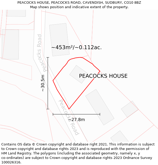 PEACOCKS HOUSE, PEACOCKS ROAD, CAVENDISH, SUDBURY, CO10 8BZ: Plot and title map