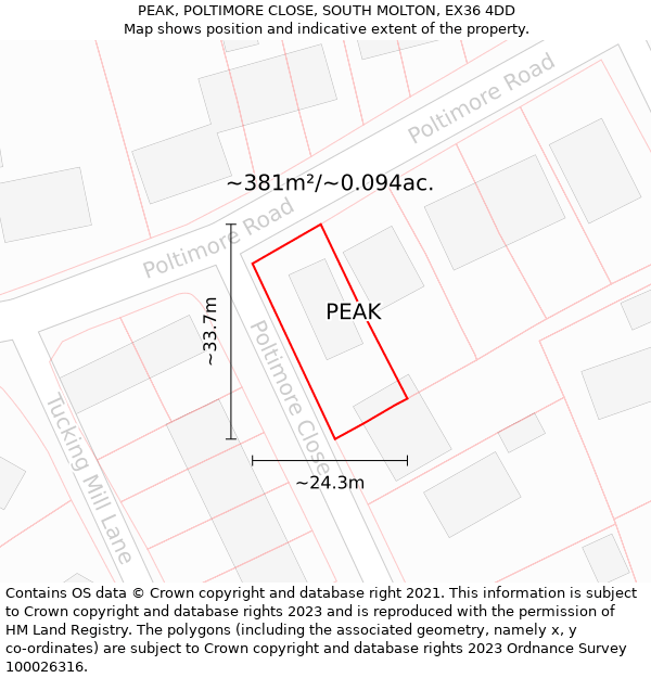 PEAK, POLTIMORE CLOSE, SOUTH MOLTON, EX36 4DD: Plot and title map