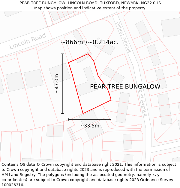 PEAR TREE BUNGALOW, LINCOLN ROAD, TUXFORD, NEWARK, NG22 0HS: Plot and title map