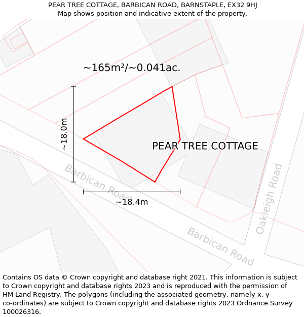 PEAR TREE COTTAGE, BARBICAN ROAD, BARNSTAPLE, EX32 9HJ: Plot and title map