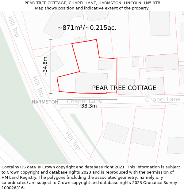PEAR TREE COTTAGE, CHAPEL LANE, HARMSTON, LINCOLN, LN5 9TB: Plot and title map
