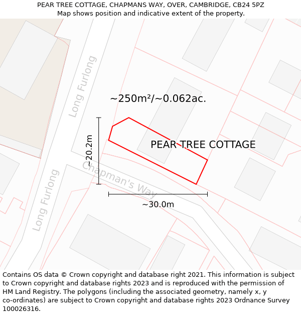 PEAR TREE COTTAGE, CHAPMANS WAY, OVER, CAMBRIDGE, CB24 5PZ: Plot and title map