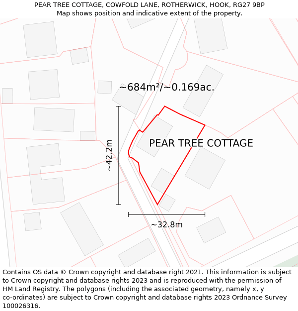 PEAR TREE COTTAGE, COWFOLD LANE, ROTHERWICK, HOOK, RG27 9BP: Plot and title map