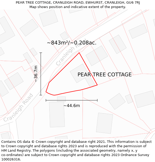 PEAR TREE COTTAGE, CRANLEIGH ROAD, EWHURST, CRANLEIGH, GU6 7RJ: Plot and title map