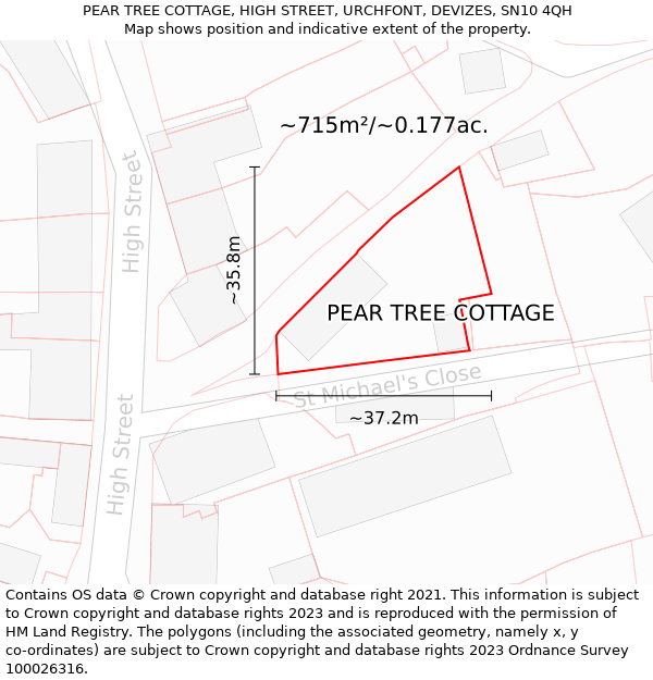 PEAR TREE COTTAGE, HIGH STREET, URCHFONT, DEVIZES, SN10 4QH: Plot and title map