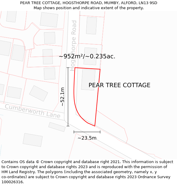 PEAR TREE COTTAGE, HOGSTHORPE ROAD, MUMBY, ALFORD, LN13 9SD: Plot and title map