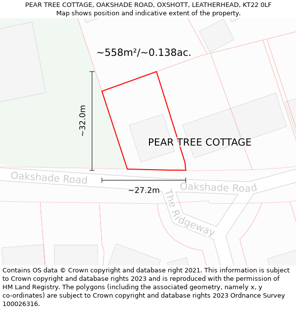 PEAR TREE COTTAGE, OAKSHADE ROAD, OXSHOTT, LEATHERHEAD, KT22 0LF: Plot and title map