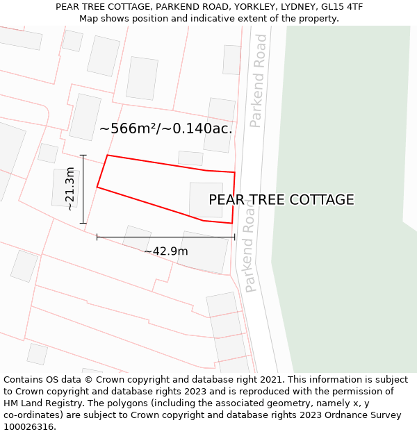 PEAR TREE COTTAGE, PARKEND ROAD, YORKLEY, LYDNEY, GL15 4TF: Plot and title map