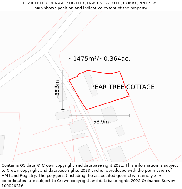 PEAR TREE COTTAGE, SHOTLEY, HARRINGWORTH, CORBY, NN17 3AG: Plot and title map